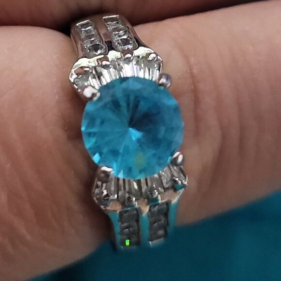 Sky Blue Topaz White CZ Stainless Steel Ring - Picture 2 of 7